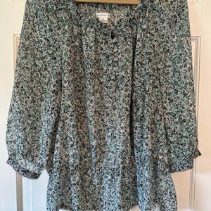 Liz Claiborne Green and Black Floral Peasant Blouse